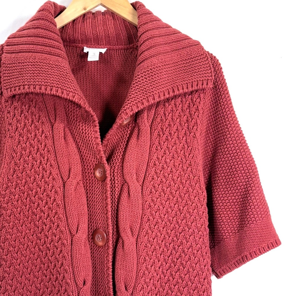 Chicos Chunky Cable Knit Cardigan Fisherman‎ Sweater Rust Red Women Sz 3